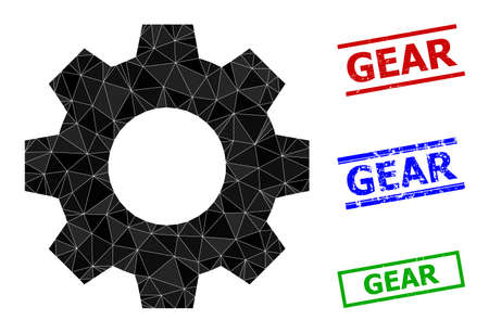 Triangle gear polygonal icon illustration, and textured simple Gear watermarks. Gear icon is filled with triangles. Simple stamps uses lines, rects in red, blue, green colors.のイラスト素材