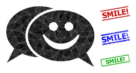 Triangle happy chat polygonal icon illustration, and textured simple Smile! seals. Happy Chat icon is filled with triangles. Simple seals uses lines, rects in red, blue, green colors.のイラスト素材