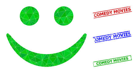 Triangle happy smile polygonal symbol illustration, and rubber simple Comedy Movies stamp seals. Happy Smile icon is filled with triangles. Simple seals uses lines, rects in red, blue, green colors.のイラスト素材