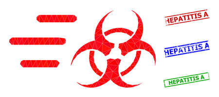 Triangle rush biohazard polygonal icon illustration, and unclean simple Hepatitis A seals. Rush Biohazard icon is filled with triangles. Simple stamp seals uses lines, rects in red, blue,のイラスト素材