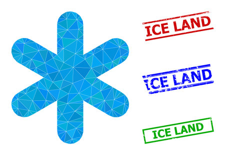 Triangle simple snowflake polygonal icon illustration, and unclean simple Ice Land stamp seals. Simple Snowflake icon is filled with triangles. Simple stamp seals uses lines, rects in red, blue,のイラスト素材