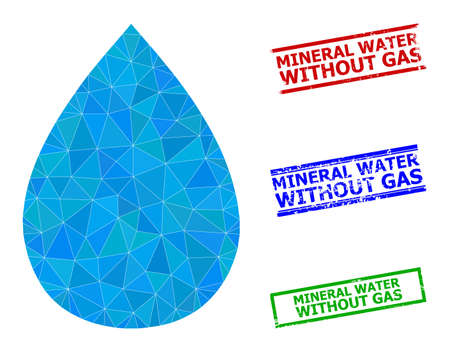 Triangle water drop polygonal symbol illustration, and rubber simple Mineral Water Without Gas rubber seals. Water Drop icon is filled with triangles. Simple stamp seals uses lines, rects in red,のイラスト素材