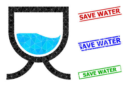 Triangle water tank polygonal 2d illustration, and rough simple Save Water seals. Water Tank icon is filled with triangles. Simple seals uses lines, rects in red, blue, green colors.のイラスト素材