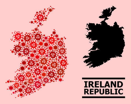 Vector  mosaic map of Ireland Republic designed for hospital illustrations. Red mosaic map of Ireland Republic is designed of biological hazard  infection cells.のイラスト素材