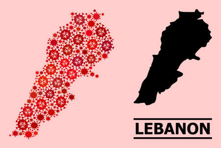 Vector covid mosaic map of Lebanon organized for health care posters. Red mosaic map of Lebanon is composed with biohazard covid infection icons.のイラスト素材