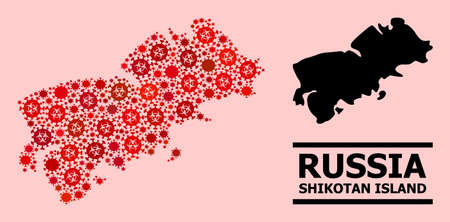 Vector coronavirus mosaic map of Shikotan Island designed for clinic wallpapers. Red mosaic map of Shikotan Island is designed of biohazard covid-2019 infection cells.のイラスト素材