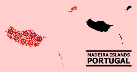 Vector covid mosaic map of Madeira Islands designed for clinic purposes. Red mosaic map of Madeira Islands is done of biological hazard covid-2019 viral elements.のイラスト素材