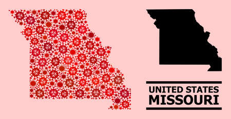 Vector mosaic map of Missouri State combined for hospital wallpapers. Red mosaic map of Missouri State is formed of biological hazard pathogen elements.のイラスト素材