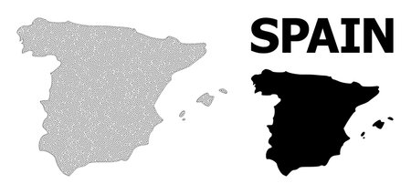 Polygonal mesh map of Spain in high resolution. Mesh lines, triangles and dots form map of Spain. High resolution wire frame carcass polygonal line network in vector format on a white background.のイラスト素材