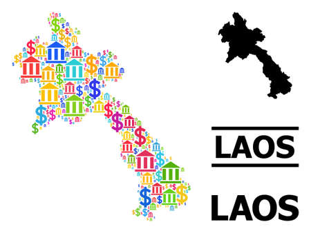 Colorful bank and commerce mosaic and solid map of Laos. Map of Laos vector mosaic for ads campaigns and purposes. Map of Laos is composed with colorful bank and dollar symbols.のイラスト素材