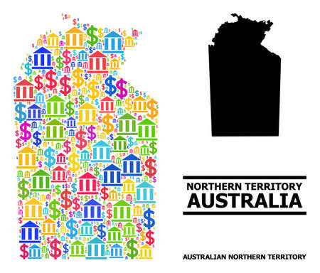 Colored bank and dollar mosaic and solid map of Australian Northern Territory. Map of Australian Northern Territory vector mosaic for business campaigns and applications.のイラスト素材