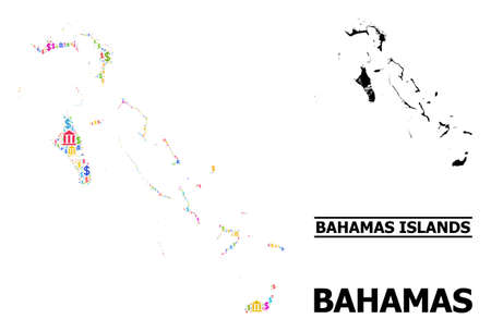 Multicolored bank and dollar mosaic and solid map of Bahamas Islands. Map of Bahamas Islands vector mosaic for ads campaigns and applications.のイラスト素材