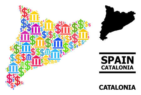 Bright colored finance and dollar mosaic and solid map of Catalonia. Map of Catalonia vector mosaic for geographic campaigns and projects.のイラスト素材