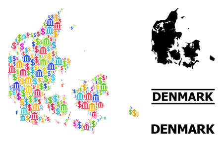 Multicolored bank and dollar mosaic and solid map of Denmark. Map of Denmark vector mosaic for...