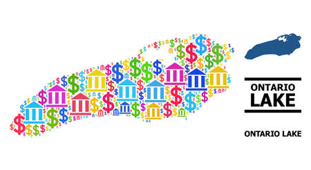 Colorful finance and dollar mosaic and solid map of Ontario Lake. Map of Ontario Lake vector mosaic for advertisement campaigns and posters.のイラスト素材