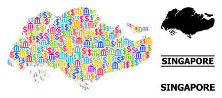Colorful bank and business mosaic and solid map of Singapore. Map of Singapore vector mosaic for ads campaigns and applications. Map of Singapore is created with colored dollar and bank parts.のイラスト素材