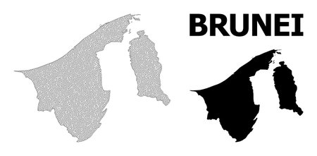 Polygonal mesh map of Brunei in high detail resolution. Mesh lines, triangles and dots form map of Brunei. High detail wire frame carcass polygonal line network in vector format on a white background.のイラスト素材