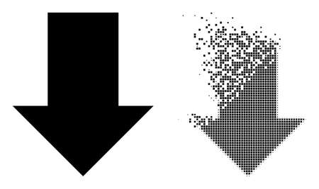 Dispersed dotted fall down arrow vector icon with wind effect, and original vector image. Pixel dissipation effect for fall down arrow demonstrates speed and motion of cyberspace items.のイラスト素材