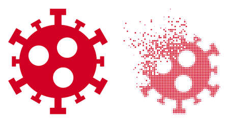 Dispersed pixelated covid-2019 virus vector icon with destruction effect, and original vector image. Pixel dissolution effect for covid-2019 virus demonstrates speed and motion of cyberspace objects.のイラスト素材