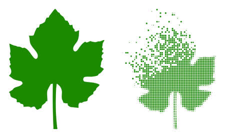 Dissolved dotted grape leaf vector icon with destruction effect, and original vector image. Pixel destruction effect for grape leaf shows speed and movement of cyberspace objects.のイラスト素材