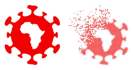 Fractured pixelated African coronavirus vector icon with destruction effect, and original vector image. Pixel destruction effect for African coronavirus shows speed and motion of cyberspace concepts.のイラスト素材