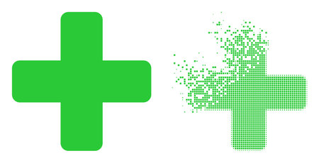 Dispersed dot green cross vector icon with destruction effect, and original vector image. Pixel dissipation effect for green cross shows speed and movement of cyberspace matter.のイラスト素材