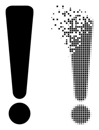 Dissolved dotted exclamation sign vector icon with destruction effect, and original vector image. Pixel abrasion effect for exclamation sign demonstrates speed and movement of cyberspace items.のイラスト素材
