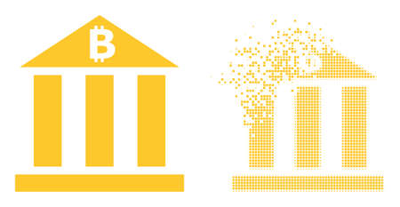 Dissolved pixelated bitcoin bank vector icon with destruction effect, and original vector image. Pixel destruction effect for bitcoin bank demonstrates speed and movement of cyberspace objects.のイラスト素材