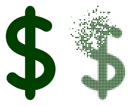 Dispersed dotted dollar sign vector icon with wind effect, and original vector image. Pixel destruction effect for dollar sign shows speed and movement of cyberspace objects.のイラスト素材