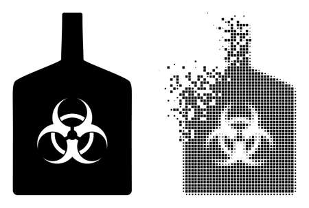Dispersed pixelated biohazard bottle vector icon with wind effect, and original vector image. Pixel explosion effect for biohazard bottle shows speed and motion of cyberspace abstractions.のイラスト素材