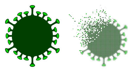 Dispersed pixelated covid virus vector icon with destruction effect, and original vector image. Pixel transformation effect for covid virus shows speed and movement of cyberspace concepts.のイラスト素材