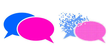 Dispersed pixelated chat vector icon with wind effect, and original vector image. Pixel degradation effect for chat demonstrates speed and motion of cyberspace concepts.のイラスト素材