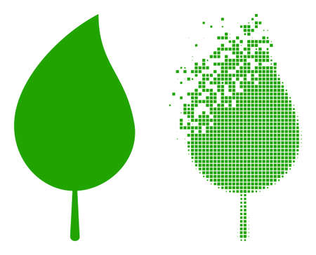 Dispersed dotted floral leaf vector icon with destruction effect, and original vector image. Pixel destruction effect for floral leaf shows speed and motion of cyberspace matter.のイラスト素材