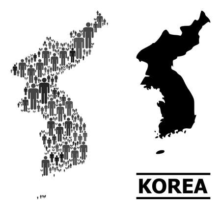 Map of Korea for national agitation. Vector population collage. Collage map of Korea constructed of person icons. Demographic scheme in dark grey color shades.のイラスト素材