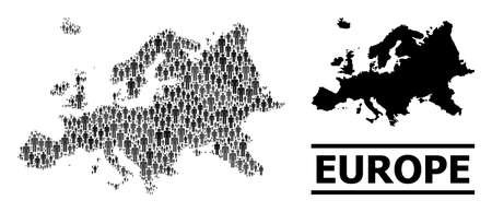 Map of Europe for political agitprop. Vector population mosaic. Mosaic map of Europe constructed of crowd icons. Demographic scheme in dark grey color shades.のイラスト素材