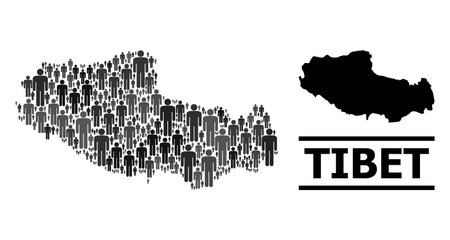 Map of Tibet for demographics agitation. Vector demographics collage. Collage map of Tibet done of person icons. Demographic concept in dark grey color shades.のイラスト素材