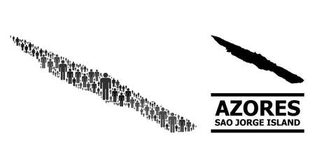 Map of Sao Jorge Island for national agitation. Vector population collage. Collage map of Sao Jorge Island created of guy items. Demographic scheme in dark grey color tints.のイラスト素材