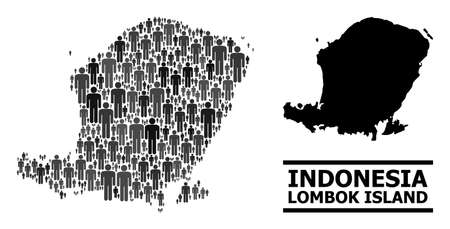 Map of Lombok Island for demographics projects. Vector demographics abstraction. Abstraction map of Lombok Island done of human icons. Demographic concept in dark grey color hues.のイラスト素材