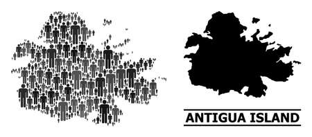 Map of Antigua Island for social agitation. Vector demographics mosaic. Collage map of Antigua Island created of social items. Demographic scheme in dark grey color shades.のイラスト素材