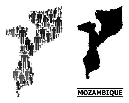 Map of Mozambique for politics propaganda. Vector demographics abstraction. Abstraction map of Mozambique constructed of social icons. Demographic scheme in dark gray color tones.のイラスト素材