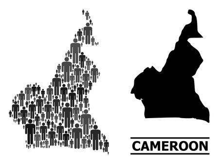Map of Cameroon for demographics agitprop. Vector population mosaic. Mosaic map of Cameroon constructed of population pictograms. Demographic concept in dark grey color hues.のイラスト素材