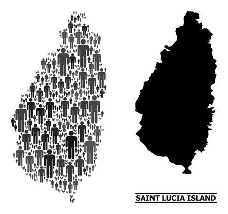 Map of Saint Lucia Island for social doctrines. Vector nation mosaic. Concept map of Saint Lucia Island constructed of social items. Demographic concept in dark grey color tinges.のイラスト素材