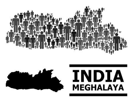 Map of Meghalaya State for demographics promotion. Vector demographics mosaic. Mosaic map of Meghalaya State combined of people items. Demographic scheme in dark grey color tinges.のイラスト素材