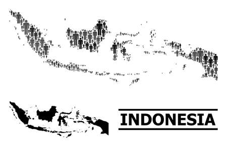 Map of Indonesia for political propaganda. Vector demographics mosaic. Mosaic map of Indonesia created of person elements. Demographic concept in dark gray color variations.のイラスト素材