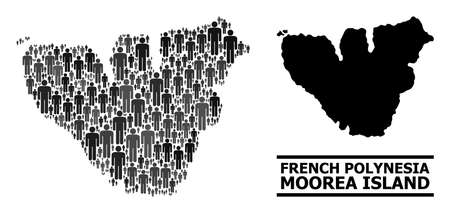Map of Moorea Island for demographics promotion. Vector demographics collage. Collage map of Moorea Island composed of man icons. Demographic concept in dark grey color variations.のイラスト素材