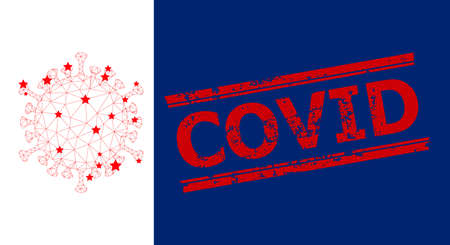 Mesh covid polygonal icon vector illustration, and red COVID rough badge. Carcass model is created from covid flat icon, with stars and polygonal mesh. COVID text is between parallel lines.のイラスト素材