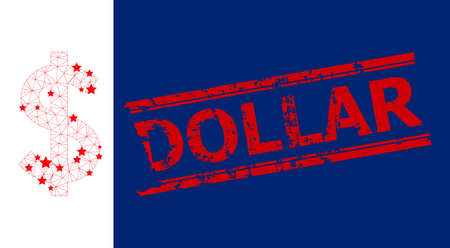 Mesh dollar polygonal icon vector illustration, and red DOLLAR corroded rubber print. Carcass model is based on dollar flat icon, with stars and polygonal mesh.のイラスト素材