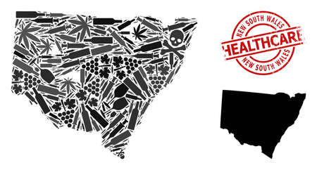Vector addiction mosaic map of New South Wales. Grunge health care round red badge. Concept for narcotic addiction and health care collages. Map of New South Wales is composed of inoculation needles,のイラスト素材