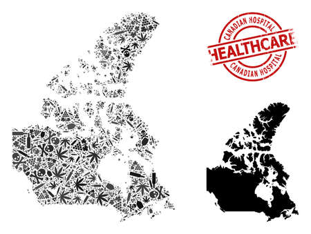 Vector narcotic collage map of Canada. Scratched health care round red imprint. Concept for narcotic addiction and health care purposes. Map of Canada is done with injection needles, mortal, dope,のイラスト素材