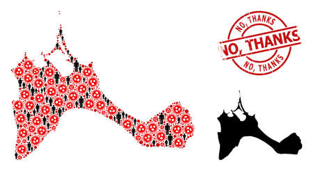 Mosaic map of Formentera Island designed from flu virus elements and population items. No, Thanks textured stamp. Black men icons and red flu virus icons. No, Thanks text is inside round stamp.のイラスト素材